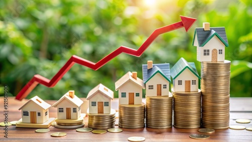 Arrow pointing down on a graph surrounded by miniature houses and money, indicating a decline in mortgage rates and a boost to the housing market.