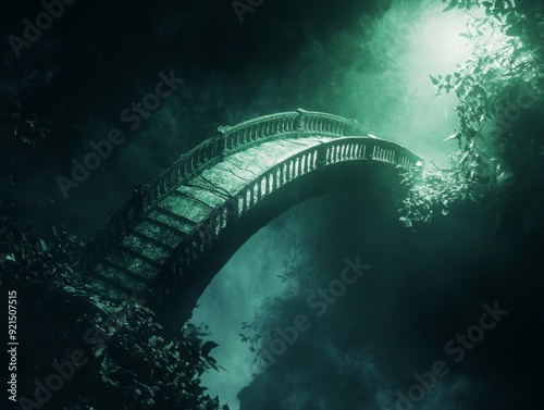 Mystical stone bridge surrounded by dense fog and lush foliage illuminated by ethereal green light in a dark forest photo