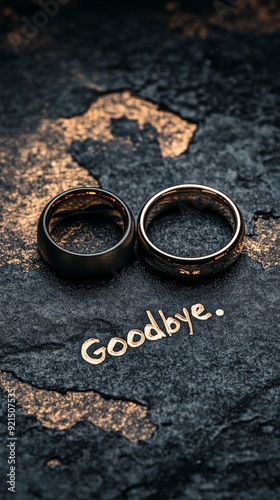 Two wedding rings placed on dark textured surface with goodbye message symbolizing the end of a relationship and finality