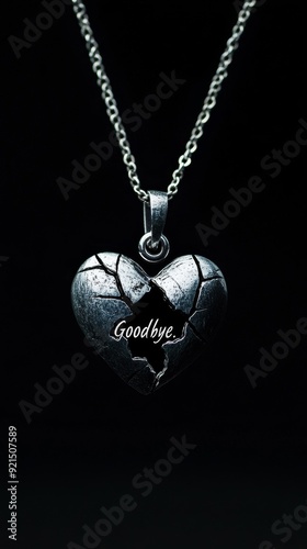 Cracked heart-shaped metal pendant necklace on a dark background with engraved goodbye message expressing broken heart and sorrow