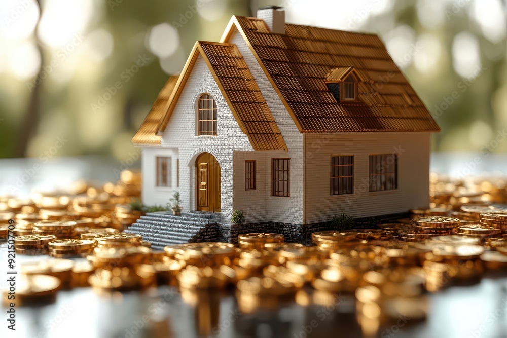 stylized 3d render of house model surrounded by golden coins soft ambient occlusion clean white background subtle reflections real estate investment concept stylized 3d render of house model surrounded by golden coins soft ambient occlusion clean white background subtle reflections real estate investment concept