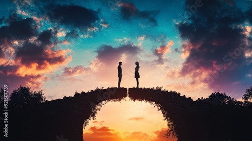 Silhouetted couple standing on broken bridge during vibrant sunset highlighting separation and emotional distance against colorful sky