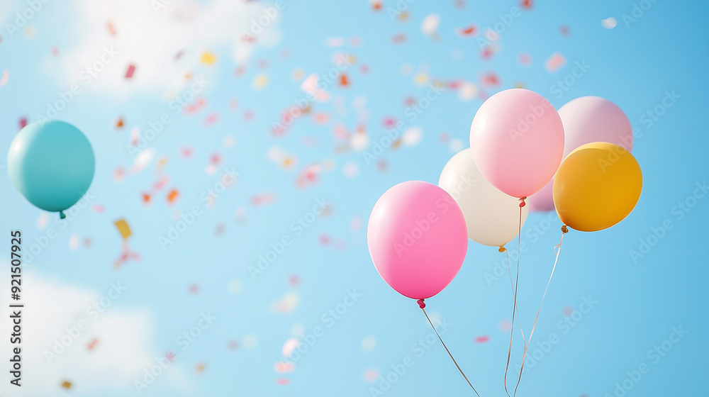 Colorful balloons floating in blue sky with falling confetti, celebration concept Colorful balloons floating in blue sky with falling confetti, celebration concept