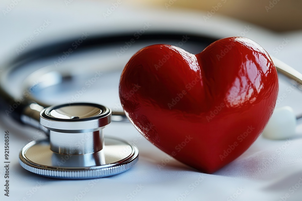 symbolic red heart intertwined with a sleek silver stethoscope on pristine white background representing healthcare and compassion symbolic red heart intertwined with a sleek silver stethoscope on pristine white background representing healthcare and compassion
