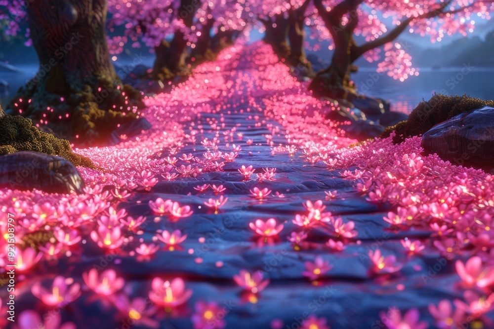 Serene Pathway Lined With Blooms Under Cherry Blossom Trees at Dusk Serene Pathway Lined With Blooms Under Cherry Blossom Trees at Dusk