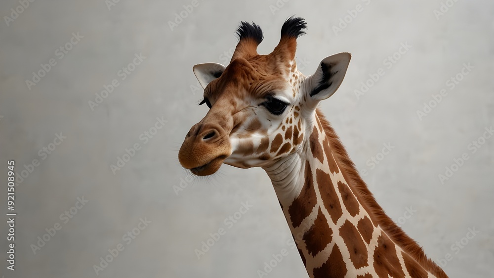 Fototapeta premium A solitary giraffe rests on a white background.