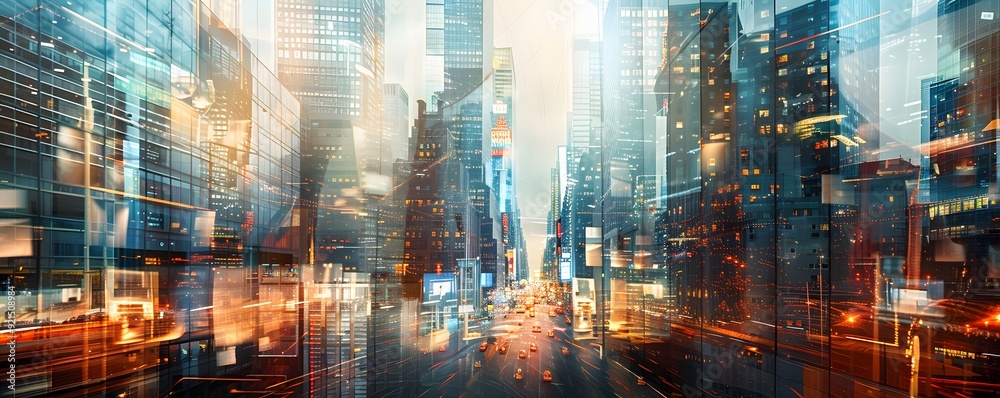 Cityscape Reflected in Glass Buildings with Blurry Light Trails Cityscape Reflected in Glass Buildings with Blurry Light Trails