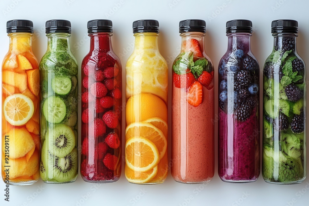 vibrant array of fresh fruit smoothies in glass bottles ingredients artfully arranged pure white backdrop health food styling vibrant array of fresh fruit smoothies in glass bottles ingredients artfully arranged pure white backdrop health food styling