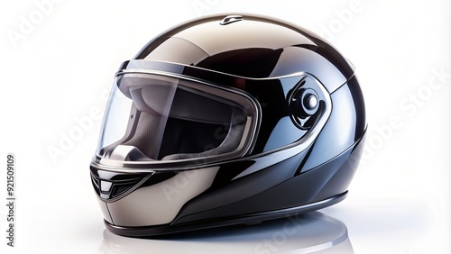 A sleek, black, and shiny motorcycle helmet sits isolated on a white background, its reflective visor gleaming, ready for a thrilling ride ahead. photo