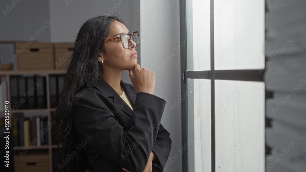 Woman thinking in an office looking through a window wearing glasses and a black blazer surrounded by office shelves Woman thinking in an office looking through a window wearing glasses and a black blazer surrounded by office shelves