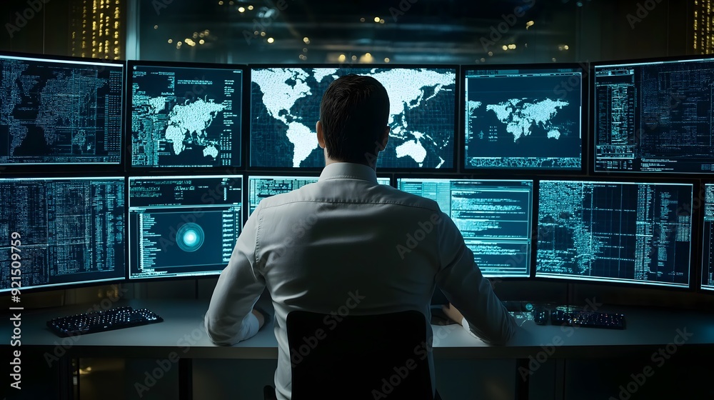 Cybersecurity expert monitoring multiple screens displaying security data Cybersecurity expert monitoring multiple screens displaying security data