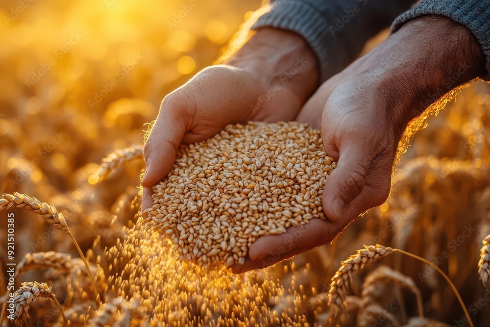 weathered hands of a farmer pouring golden wheat grains at sunset symbolizing harvest hard work and the connection between humans and the land weathered hands of a farmer pouring golden wheat grains at sunset symbolizing harvest hard work and the connection between humans and the land