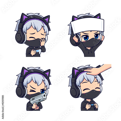 Cute masked gamer boy cartoon mascot. Set of face emotions vector illustration suitable for sticker, icons, badges and streamer.