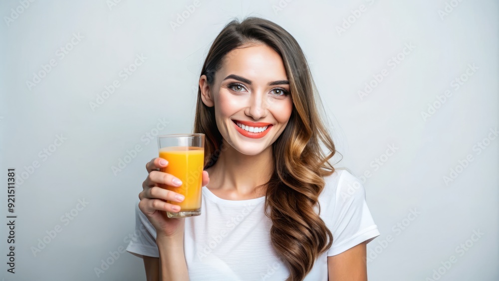 Attractive young adult with a bright smile holds a refreshing glass of orange juice against a clean and minimalist white background. Attractive young adult with a bright smile holds a refreshing glass of orange juice against a clean and minimalist white background.