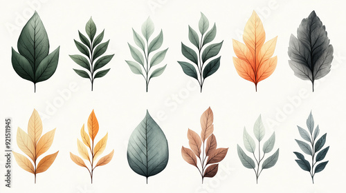 A minimalist illustration of nine botanical leaves arranged in a balanced grid. The leaves, in various shapes and colors from vibrant green to autumnal orange.