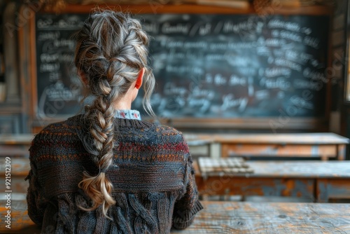 Female student sitting in a vintage classroom looking at a blackboard photo