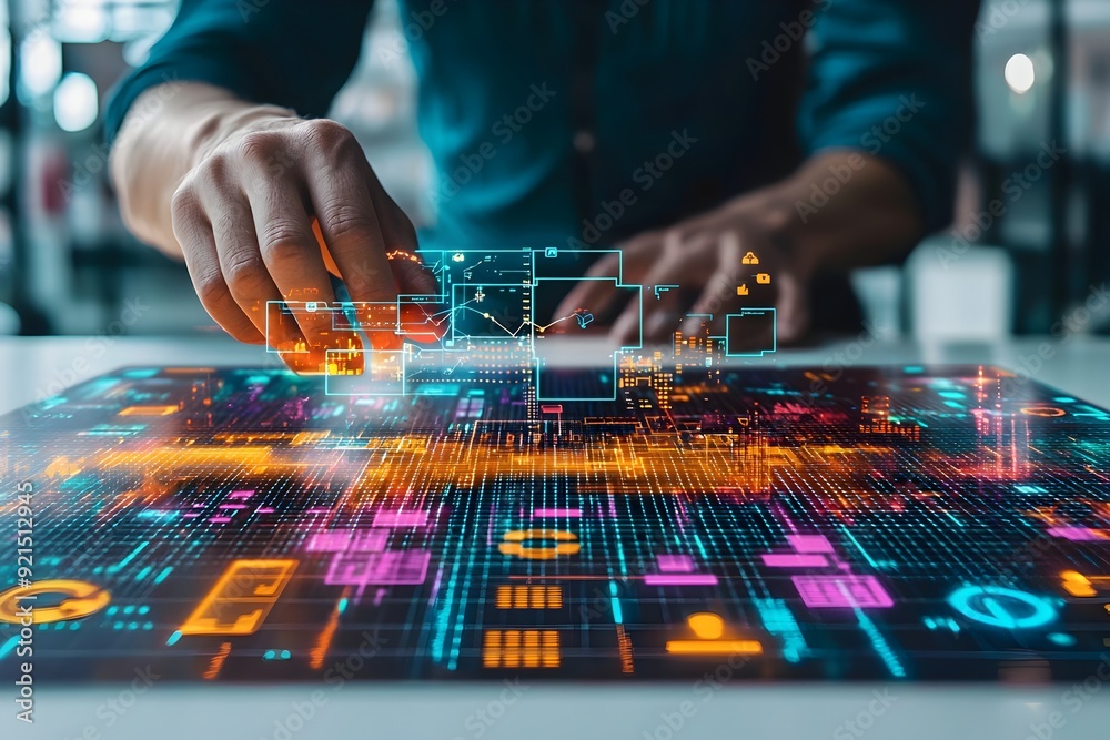 Hands Interacting with Futuristic Digital Interface on Holographic Display Hands Interacting with Futuristic Digital Interface on Holographic Display