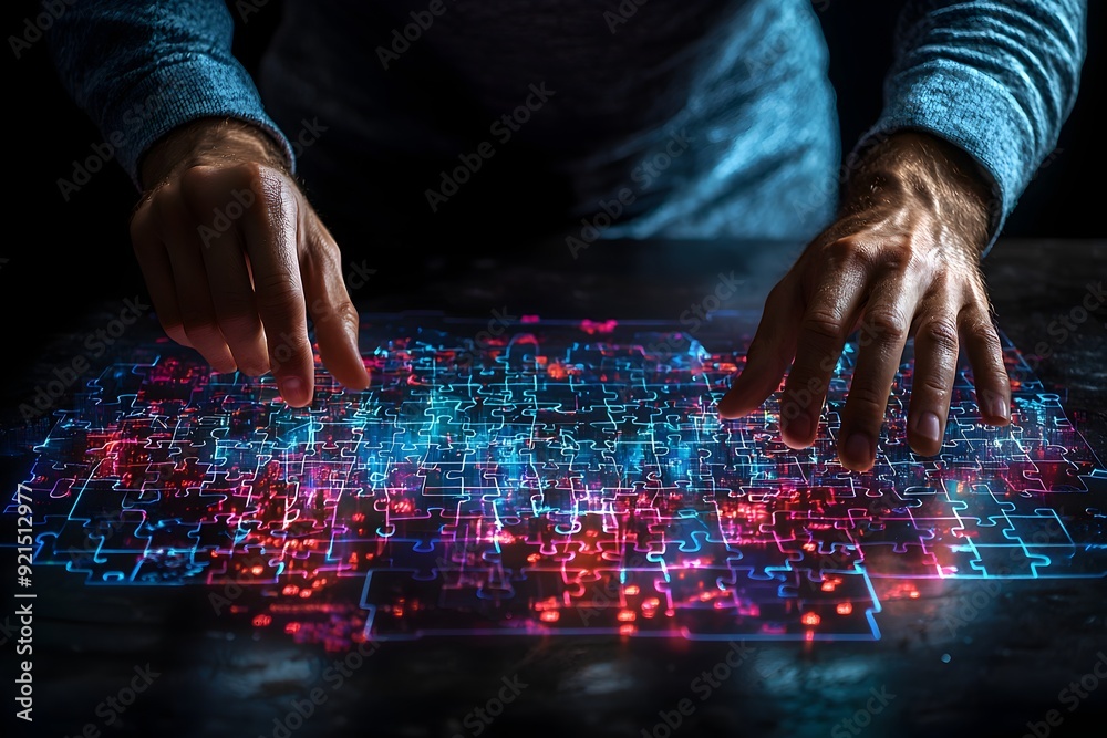Hands Touching Digital Hologram of Glowing Cityscape with Futuristic Network Connections Hands Touching Digital Hologram of Glowing Cityscape with Futuristic Network Connections