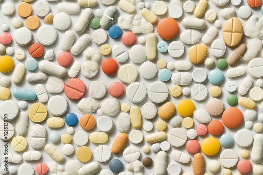 Colorful Pills Scattered on a Vibrant Technological Pattern Illustrating the Diversity of Pharmaceutical Options