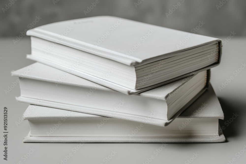 Stack of closed hardcover books with blank white linen covers on a solid gray background Stack of closed hardcover books with blank white linen covers on a solid gray background
