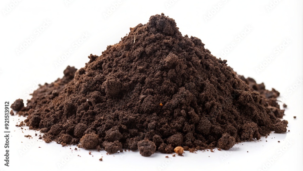 Close-up of a small, isolated clump of dark brown soil with subtle texture and fine crumbs, set against a clean white background for emphasis. Close-up of a small, isolated clump of dark brown soil with subtle texture and fine crumbs, set against a clean white background for emphasis.
