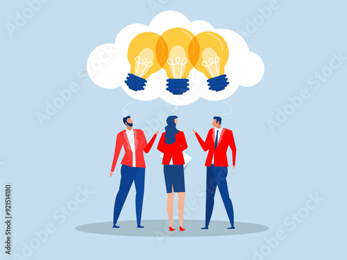 collaboration meeting, sharing knowledge, teamwork or people thinking the same idea concept.Team businessmen office workers team up share lightbulb lamp idea.