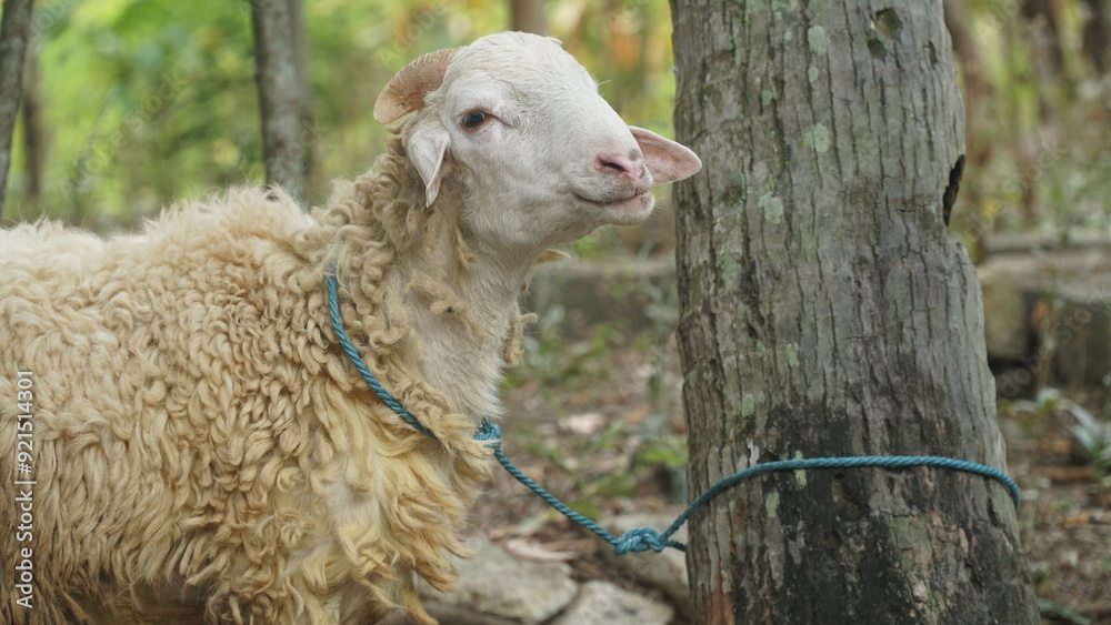 White goat with a rope around its neck tied to a tree. Focus selected White goat with a rope around its neck tied to a tree. Focus selected
