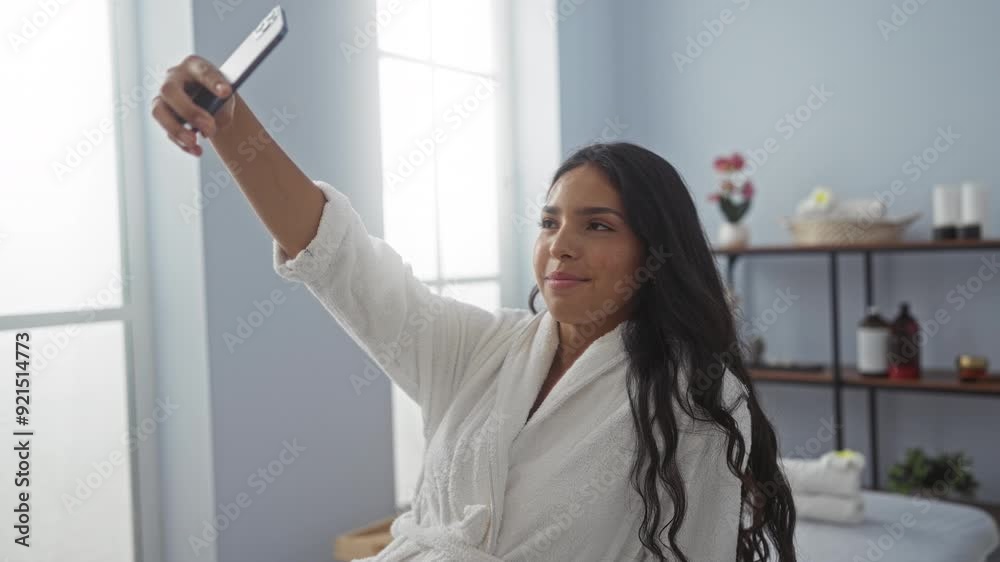 Woman taking selfie in a spa room wearing a bathrobe with serene indoor spa setting in background Woman taking selfie in a spa room wearing a bathrobe with serene indoor spa setting in background