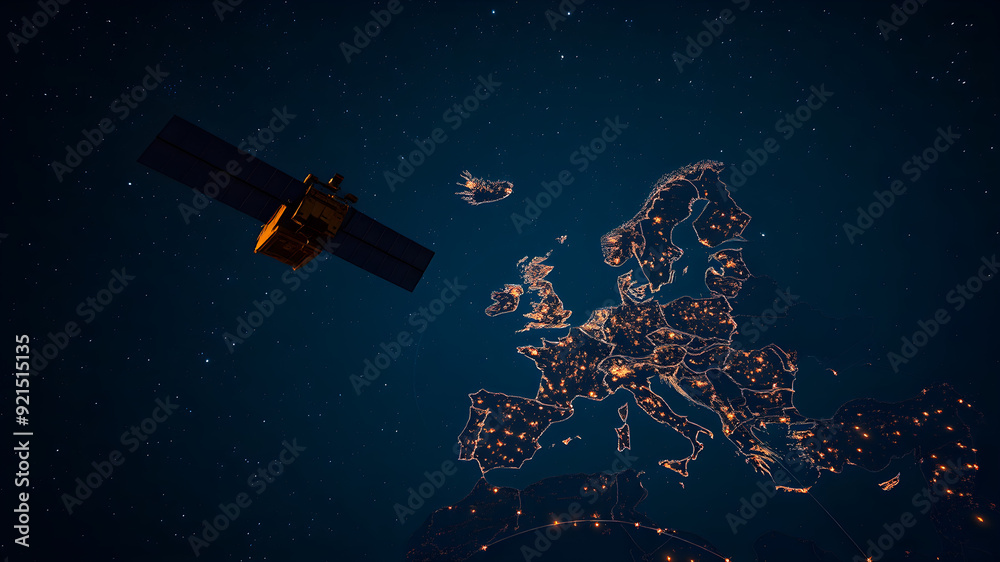 Satellite flying in the night sky with europe in the background. Generative AI Satellite flying in the night sky with europe in the background. Generative AI