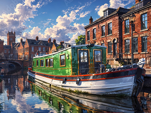 narrowboat floating in canal of European city on a bright sunny day