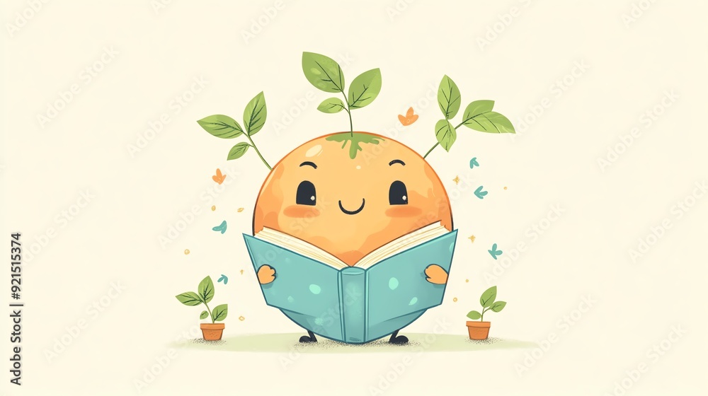 Cheerful character with a book and plants, symbolizing knowledge, growth, and a love for nature in a fun, vibrant design. Cheerful character with a book and plants, symbolizing knowledge, growth, and a love for nature in a fun, vibrant design.