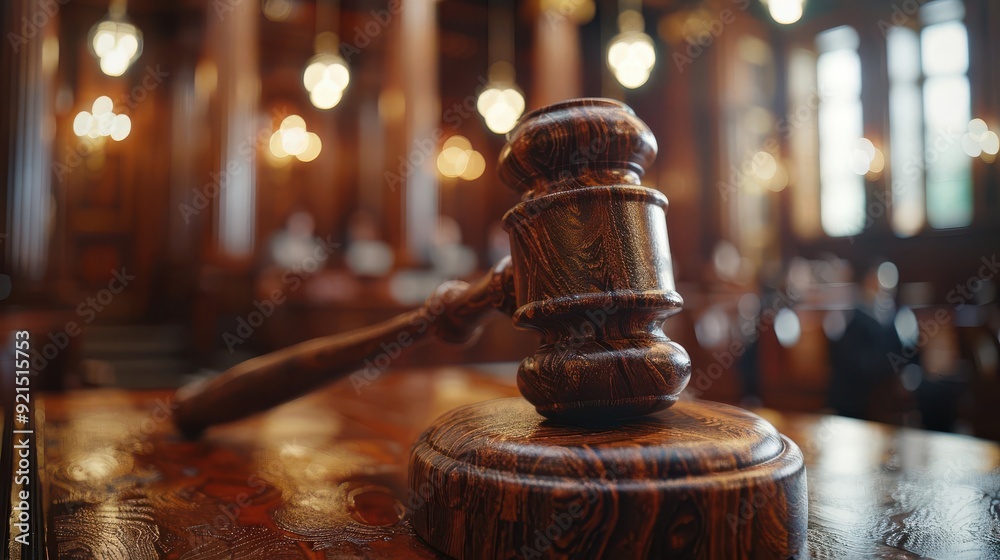 A judge's gavel on a wooden table in a courtroom, symbolizing justice and law. Elegant interior with ornate lights and wooden details. A judge's gavel on a wooden table in a courtroom, symbolizing justice and law. Elegant interior with ornate lights and wooden details.