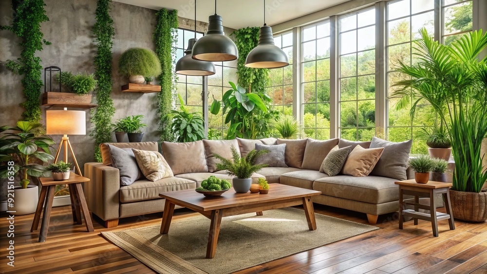 Fototapeta premium Cozy living room with sectional sofa, rustic wooden coffee table, and floor lamp, surrounded by lush green plants, creating a peaceful home zone ambiance.