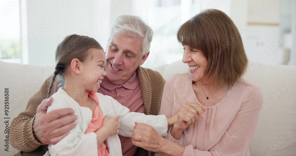 Grandparents, child and play with smile, home and embrace with love, grandchild and couch. Man, woman and lounge or bonding together for relationship, family and retired with girl, house and kid Grandparents, child and play with smile, home and embrace with love, grandchild and couch. Man, woman and lounge or bonding together for relationship, family and retired with girl, house and kid