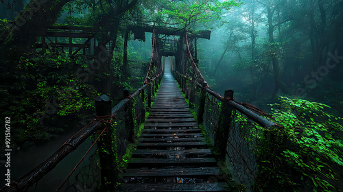 Fototapeta Naklejka Na Ścianę i Meble -  Wooden plank rope bridge over the misty jungle forest, path through the greenery of the foggy dense trees, atmospheric tranquil overgrown wilderness