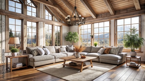 Cozy Scandinavian farmhouse living room interior with plush sectional sofa, rustic wooden accents, and soft natural light pouring in through large windows.