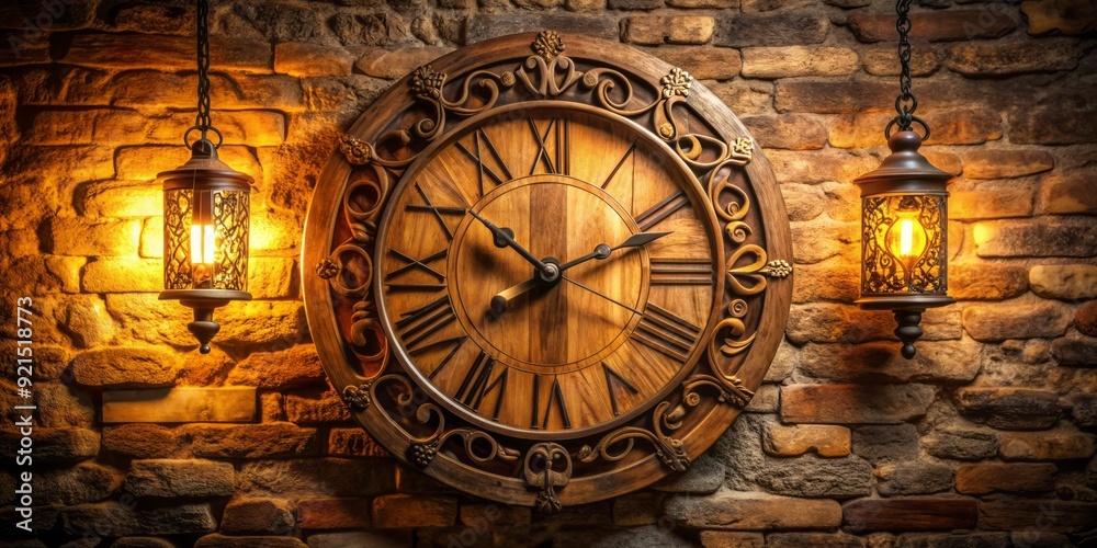 Obraz premium Rustic wooden clock with Roman numerals and intricate carvings on its frame, hanging on a distressed stone wall with a soft, warm lighting effect.