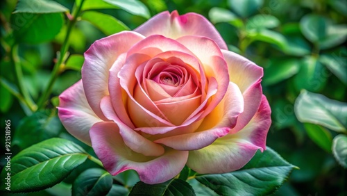 Delicate Osiria rose petals unfold to reveal a soft, blushing center, surrounded by lush green foliage, exuding subtle elegance and romance in a serene atmosphere. photo