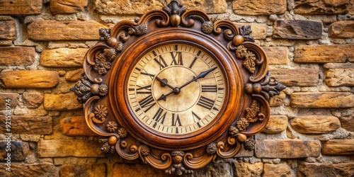 An old vintage wall clock with intricate wooden carvings and roman numerals hangs on a distressed stone wall with a warm, cozy ambiance.