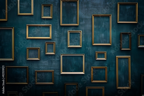 Many empty gold picture frames in different sizes hanging on a vintage wall, blank frame background
