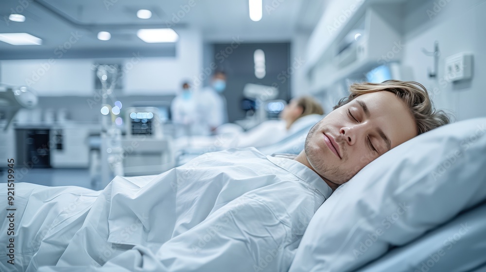 Man Sleeping in Hospital Bed. Man Sleeping in Hospital Bed.