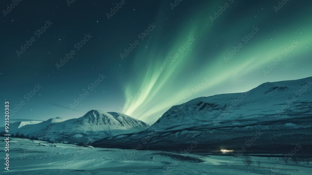 Naklejka premium Northern Lights Over Snowy Mountains
