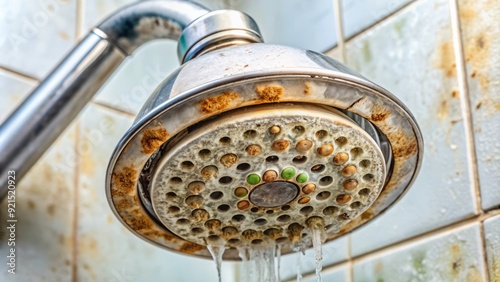 Dirt and mildew accumulate on a shower head, clogged with mineral deposits and soap scum, in need of urgent cleaning and descaling.