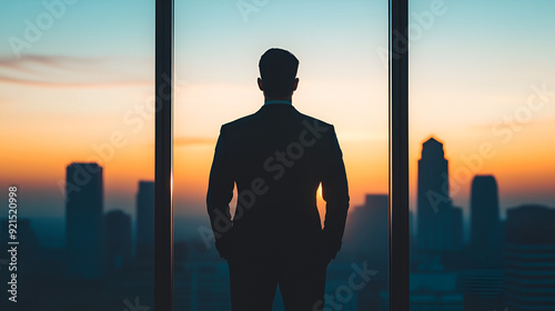 Businessman Looking at Sunrise in a Modern City - Motivational Concept