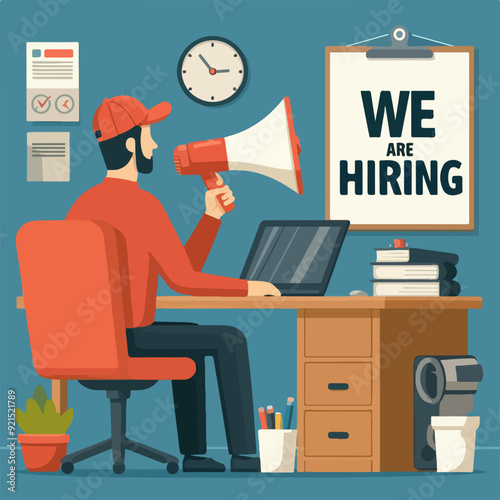 A man in a red shirt is holding a megaphone and yelling "We are hiring". The image is of a man sitting at a desk with a laptop and a clock on the wall
