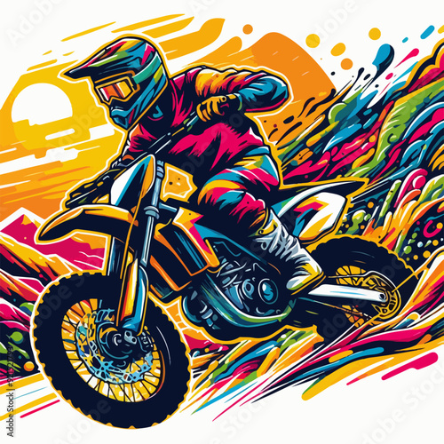 A man is riding a motorcycle on a mountain. The man is wearing a helmet and riding a dirt bike. The image has a colorful and vibrant feel to it, with a sense of adventure and excitement