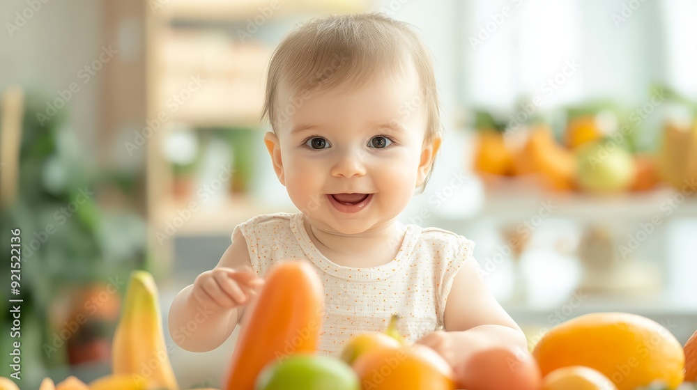 Smiling baby surrounded by fresh fruits Smiling baby surrounded by fresh fruits