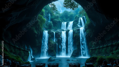 a hidden paradise where ten ethereal waterfalls converge in a natural amphitheatre, their waters tumbling from caverns adorned with emerald vines and age-old trees., night, dark night, brightly lit, s