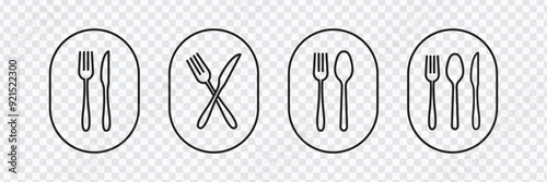 Fork, Spoon, Knife, and Plate Icon Set in Line and Flat Style, Cutlery icon set in line and flat style.