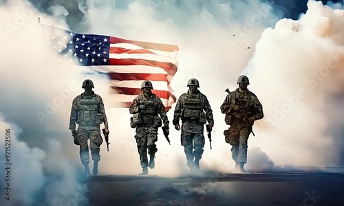 Four soldiers in combat gear marching forward with an American flag in the background, surrounded by smoke and dust, symbolizing patriotism and military strength.